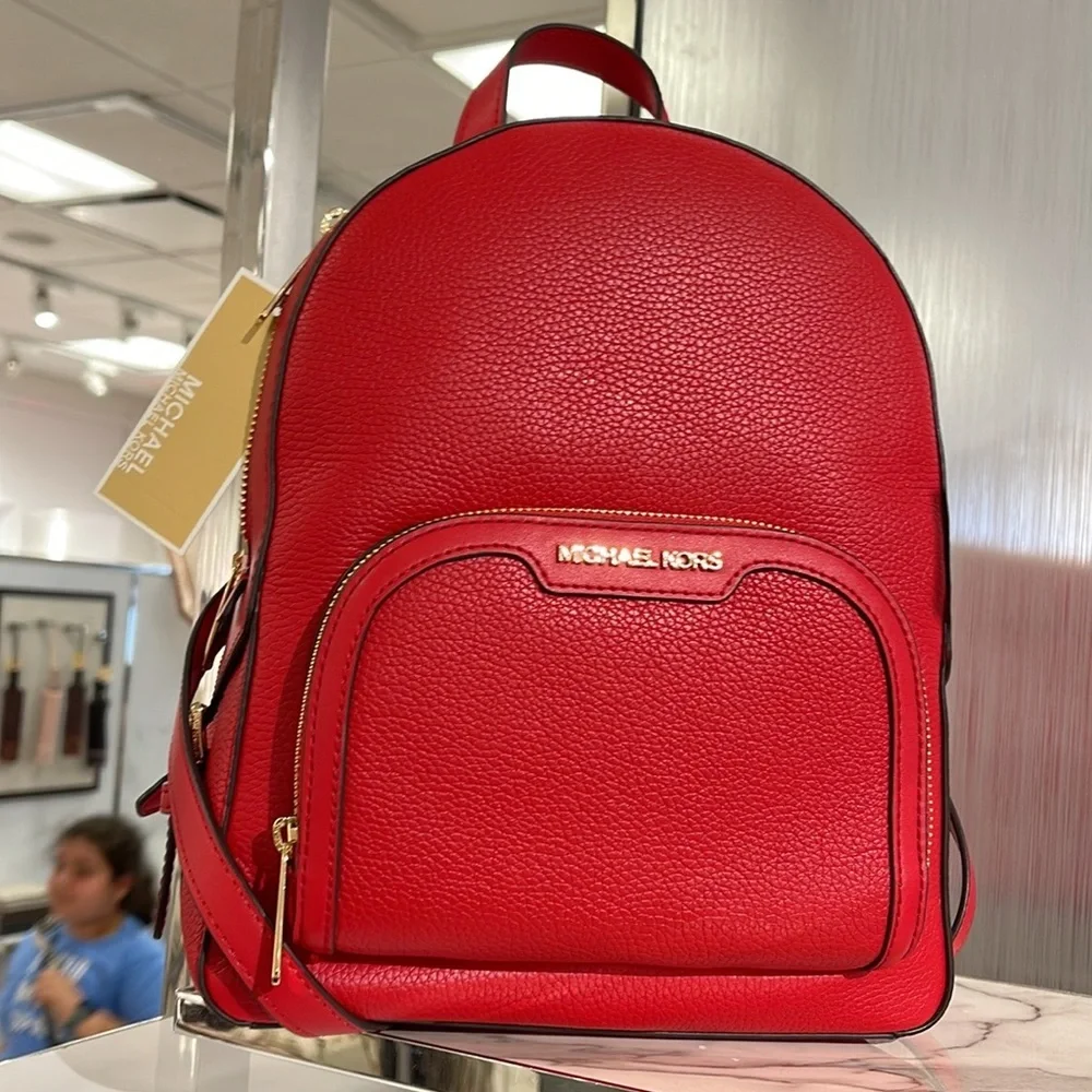 Michael Kors Jaycee Medium Pebbled Leather Backpack Bright Red NWT